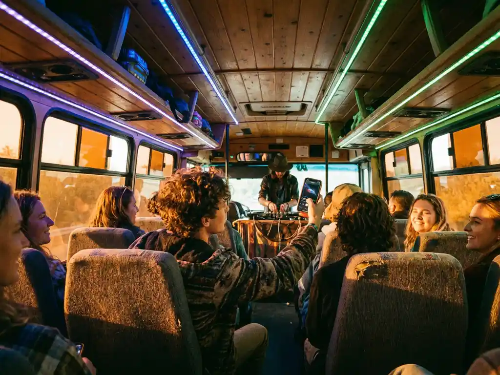 Festivalbus interieur met jongere die smartphone naar DJ-booth houdt, kleurrijke LED-verlichting en passagiers in stoelen