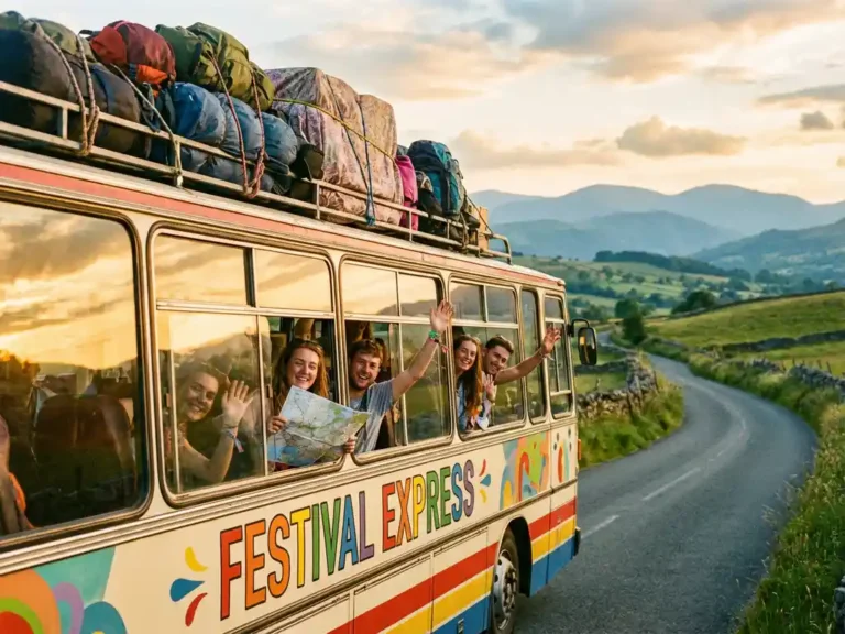 Feestelijk versierde touringcar met jongeren onderweg naar festival door Europees landschap met bergen op achtergrond