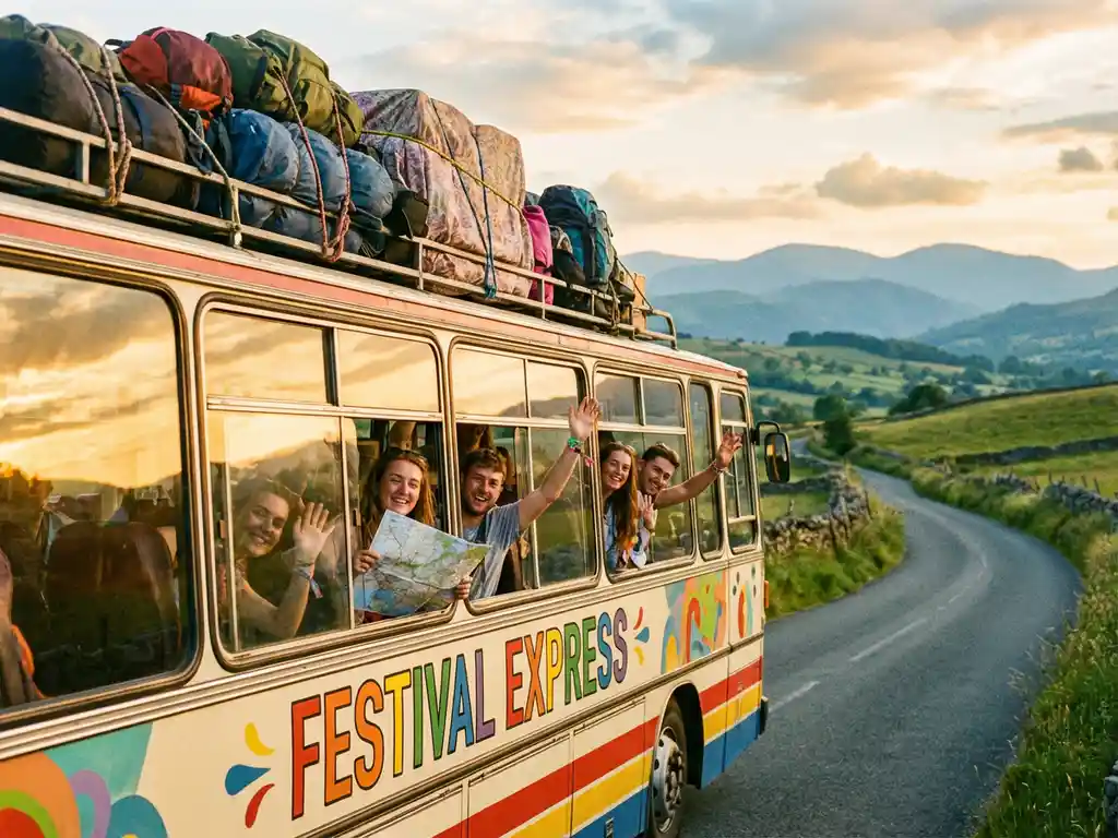 Feestelijk versierde touringcar met jongeren onderweg naar festival door Europees landschap met bergen op achtergrond