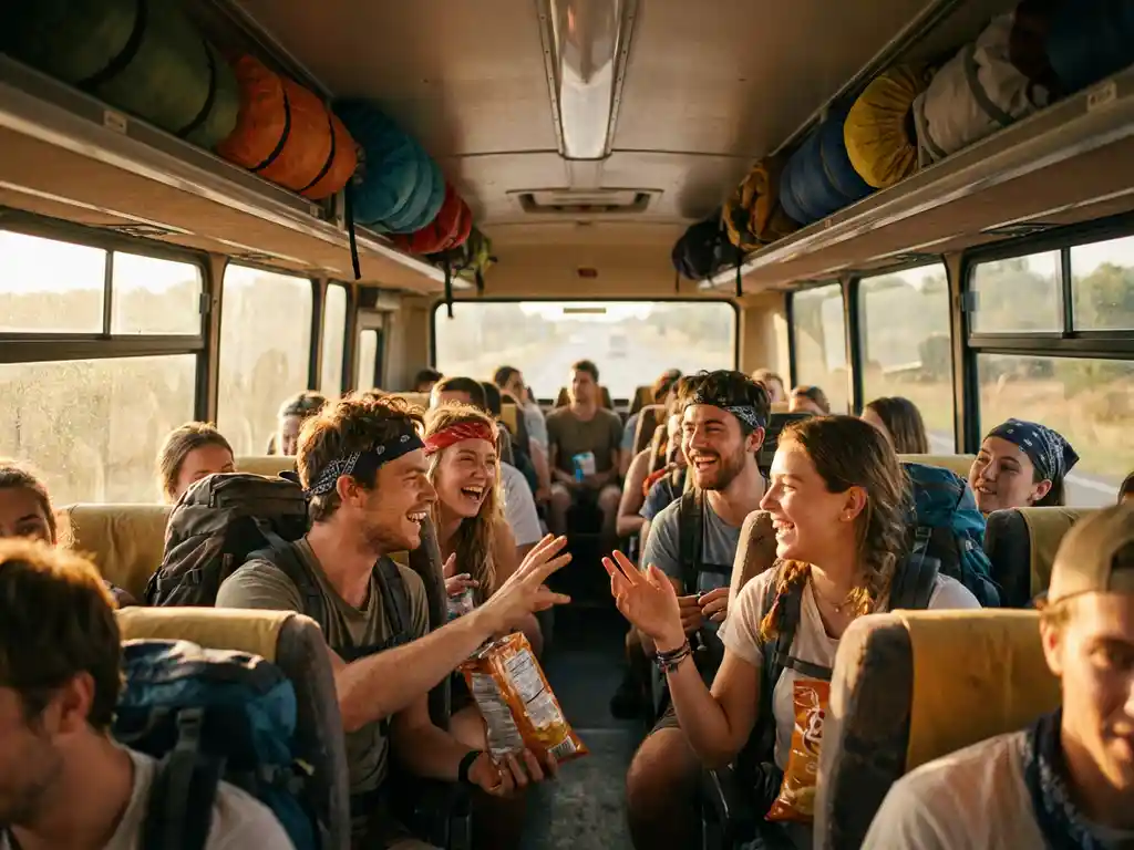 Jonge festivalbezoekers lachen en delen snacks in tourbus met rugzakken en kampeeruitrusting tijdens zonsondergang