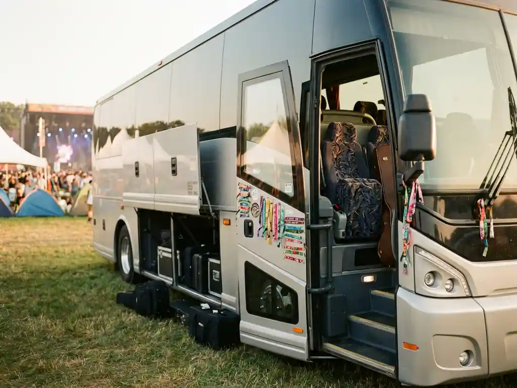 Moderne touringcar met open deur en festivaluitrusting geparkeerd bij muziekfestival tijdens gouden uur