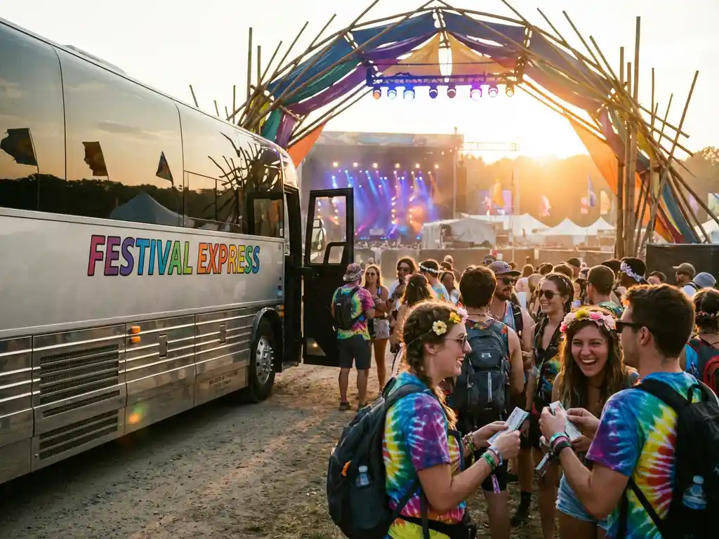 Moderne tourbus bij muziekfestival ingang met vrolijke bezoekers die instappen tijdens gouden uur