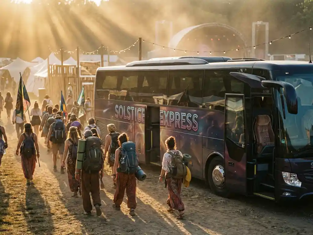 Moderne festivalbus met open deur bij muziekfestival ingang, bezoekers met rugzakken lopen naar voertuig