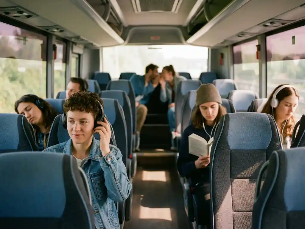 Moderne festivalbus interieur met passagiers die koptelefoons dragen, lezen en uit ramen kijken in zachte verlichting