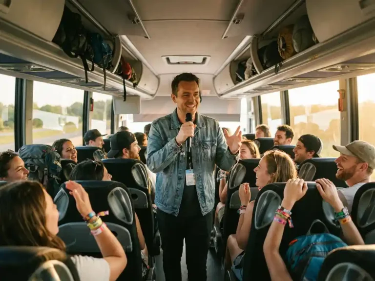 Vriendelijke busleider spreekt tot enthousiaste festivalgangers in moderne tourbus tijdens gouden uur