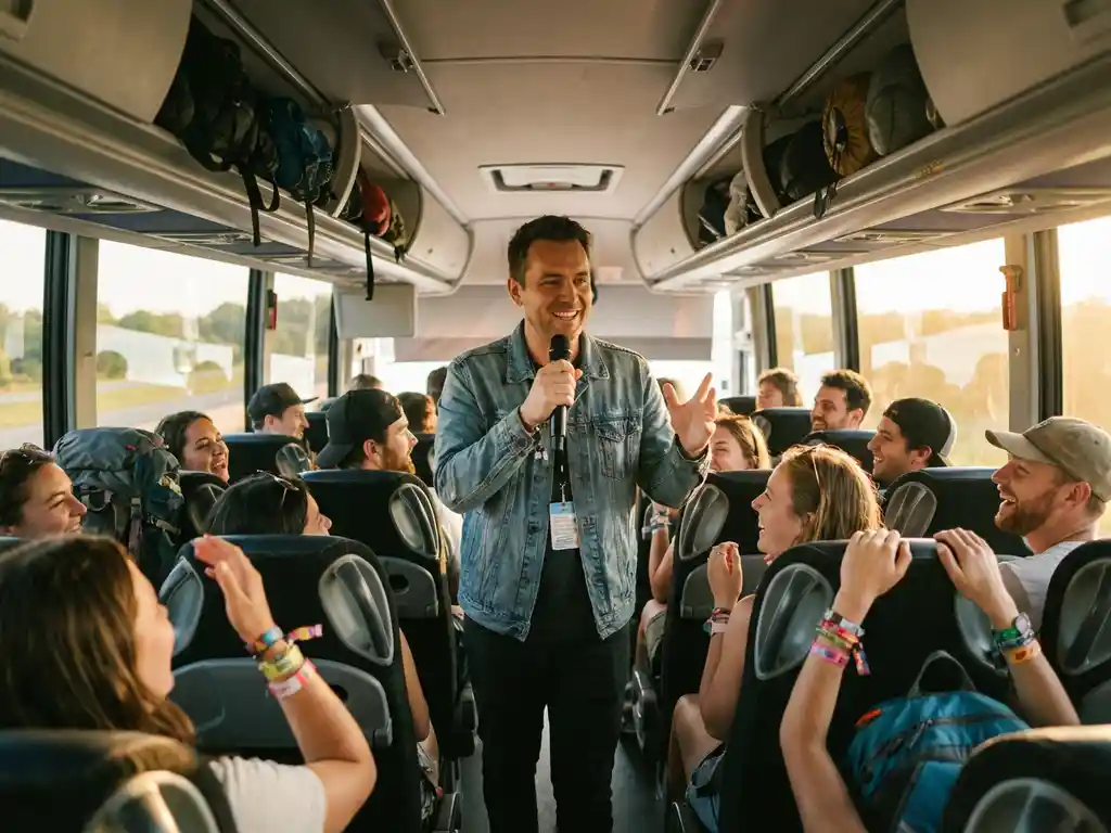 Vriendelijke busleider spreekt tot enthousiaste festivalgangers in moderne tourbus tijdens gouden uur