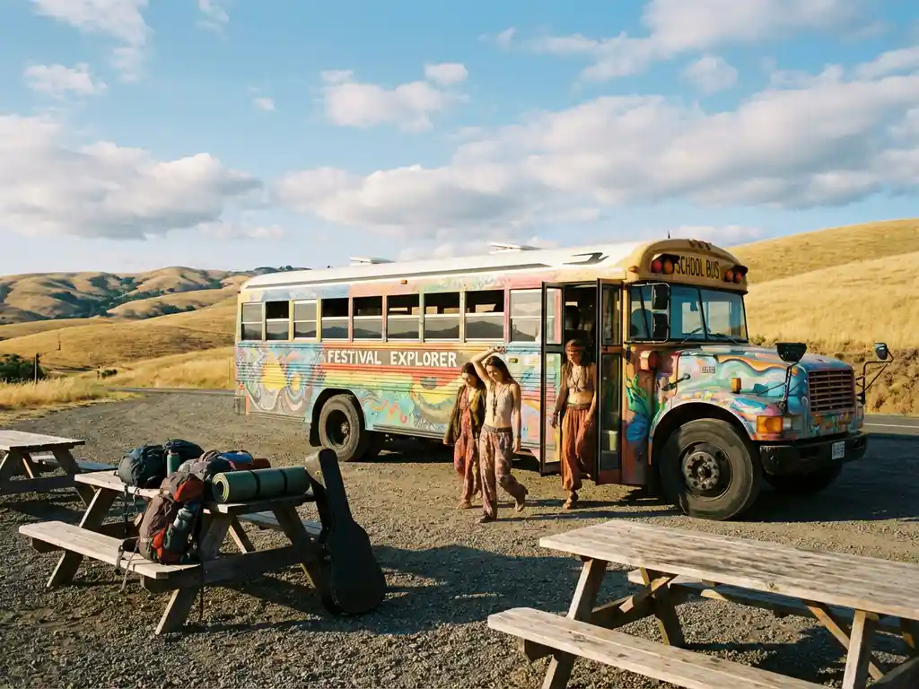 Moderne festivalbus bij wegrestaurant met uitstappende passagiers, rugzakken op picknicktafels, heuvels op achtergrond