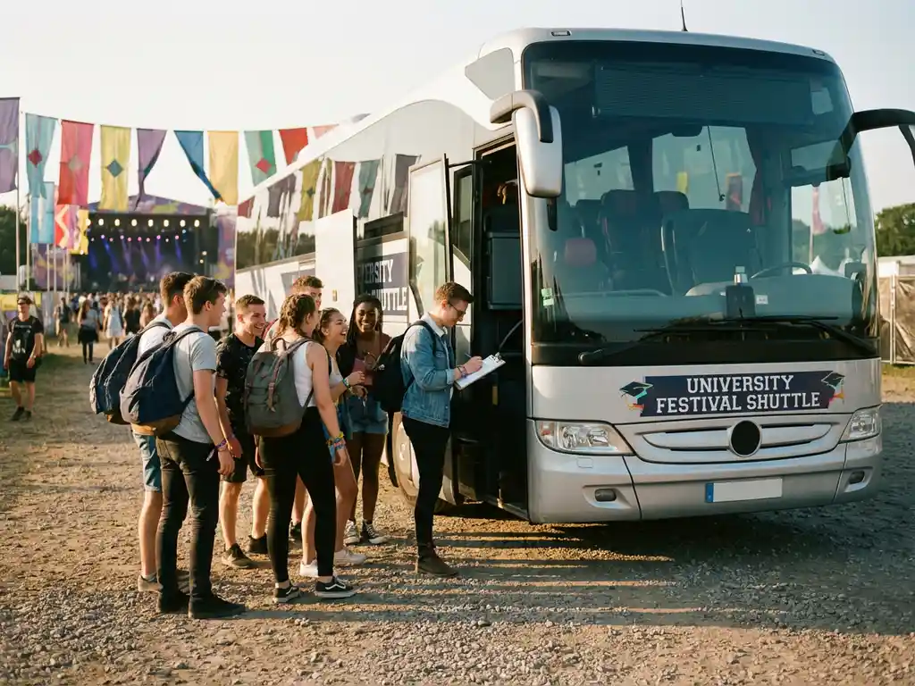 Moderne tourbus bij muziekfestival met diverse studenten die instappen, kleurrijke banners en podiumverlichting op achtergrond