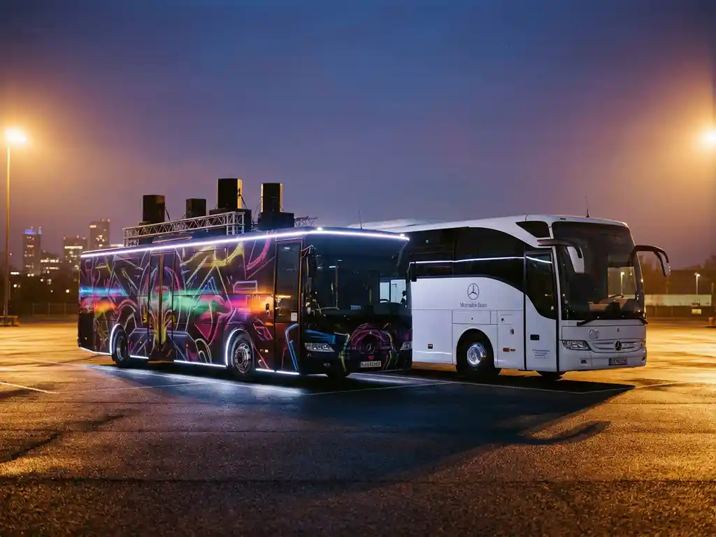 Moderne festivalbus met LED-verlichting naast traditionele witte touringcar op asfalt in avondlicht