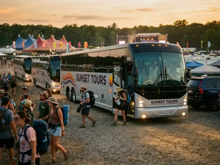 Moderne tourbus bij festivalingang met passagiers die uitstappen, kleurrijke tenten en podia op achtergrond