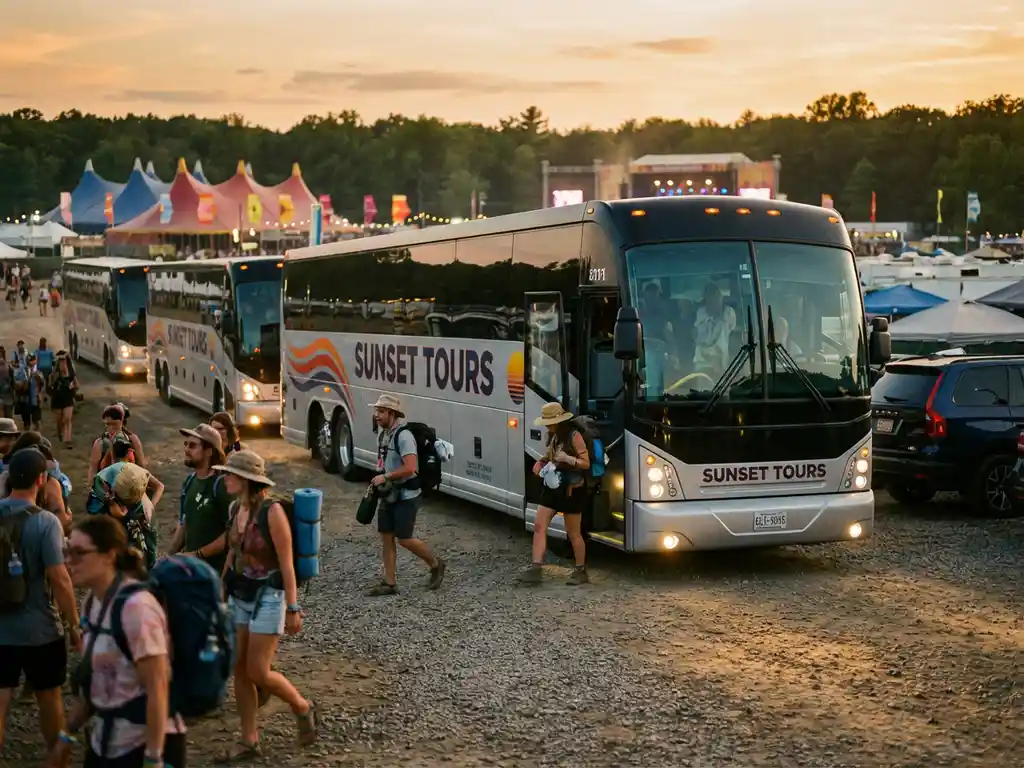 Moderne tourbus bij festivalingang met passagiers die uitstappen, kleurrijke tenten en podia op achtergrond