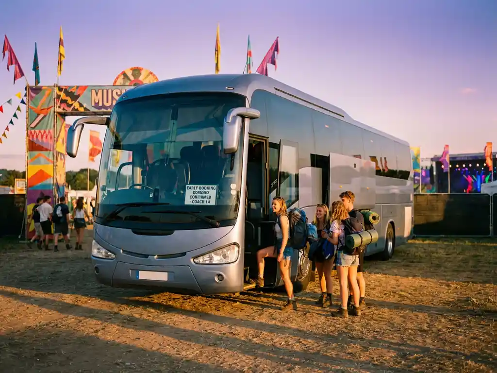 Moderne bus bij muziekfestival ingang met festivalgangers die instappen tijdens gouden ochtendlicht