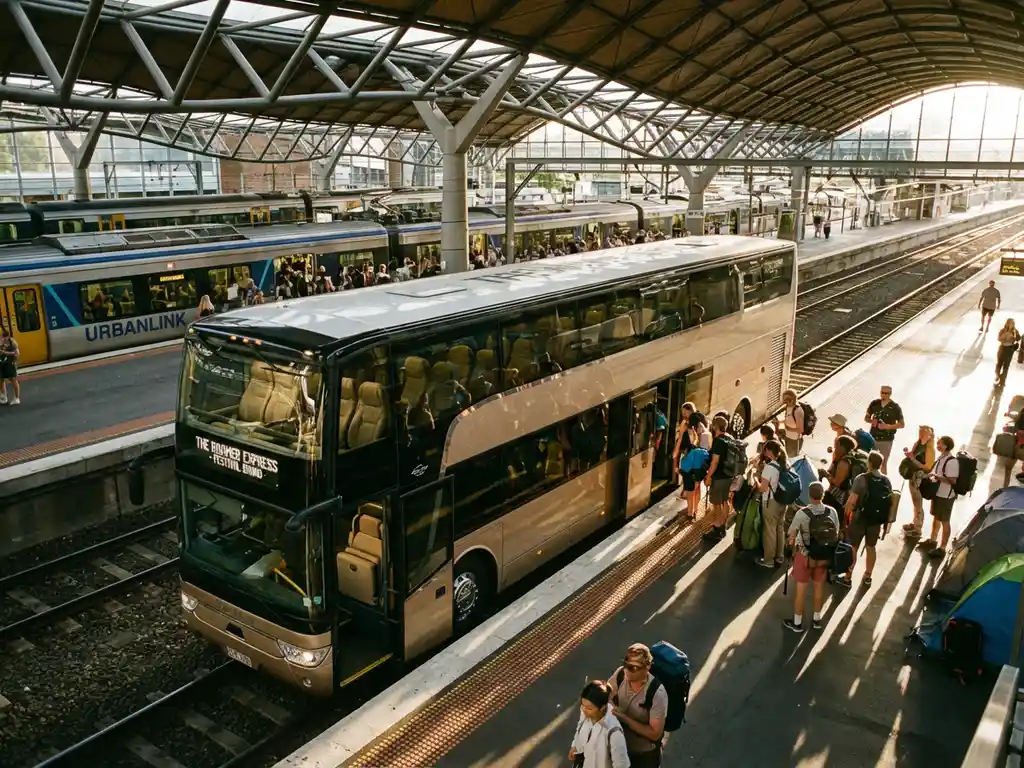Moderne festivalbus op druk treinstation met instappende festivalgangers met rugzakken en kampeeruitrusting bij zonsondergang