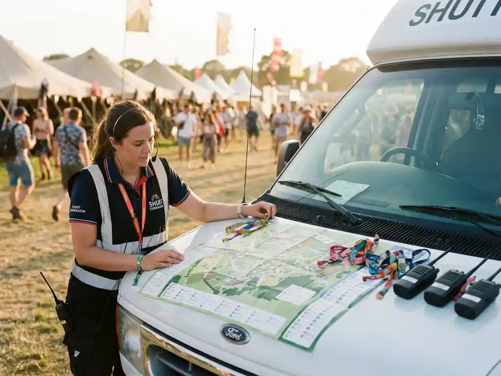 Evenementencoördinator bij festivalplattegrond op witte shuttlebus met polsbandjes en portofoons, festivaltenten op achtergrond