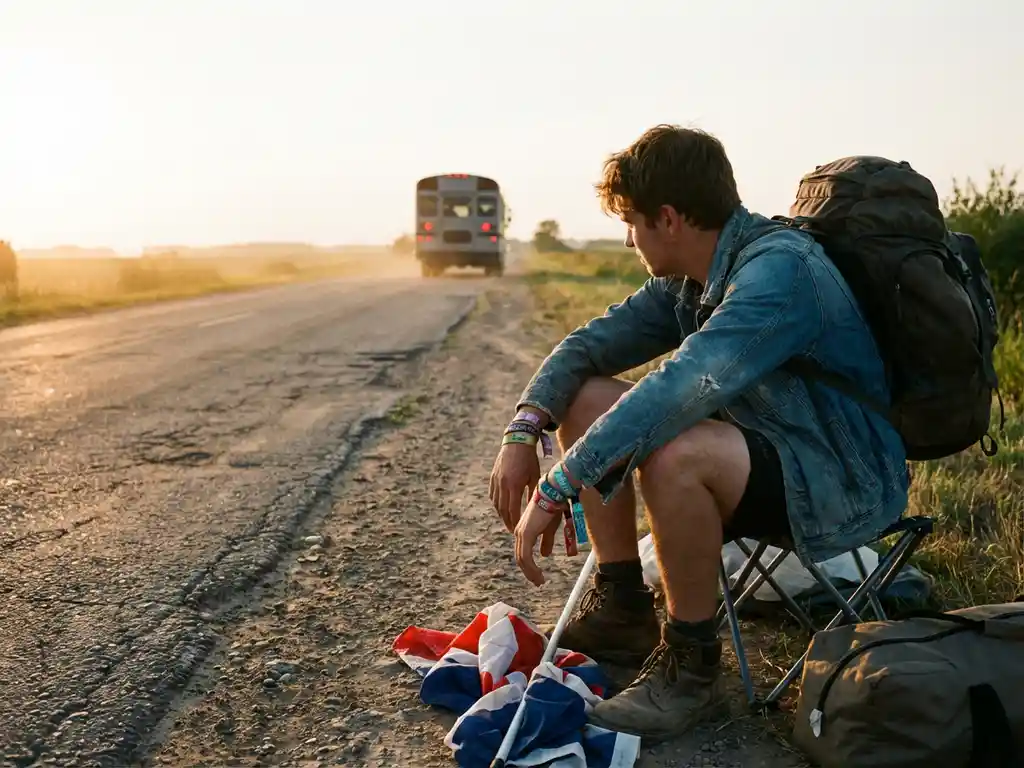 Teleurgestelde jongere met rugzak zit langs stoffige weg terwijl festivalbus in verte verdwijnt bij zonsondergang