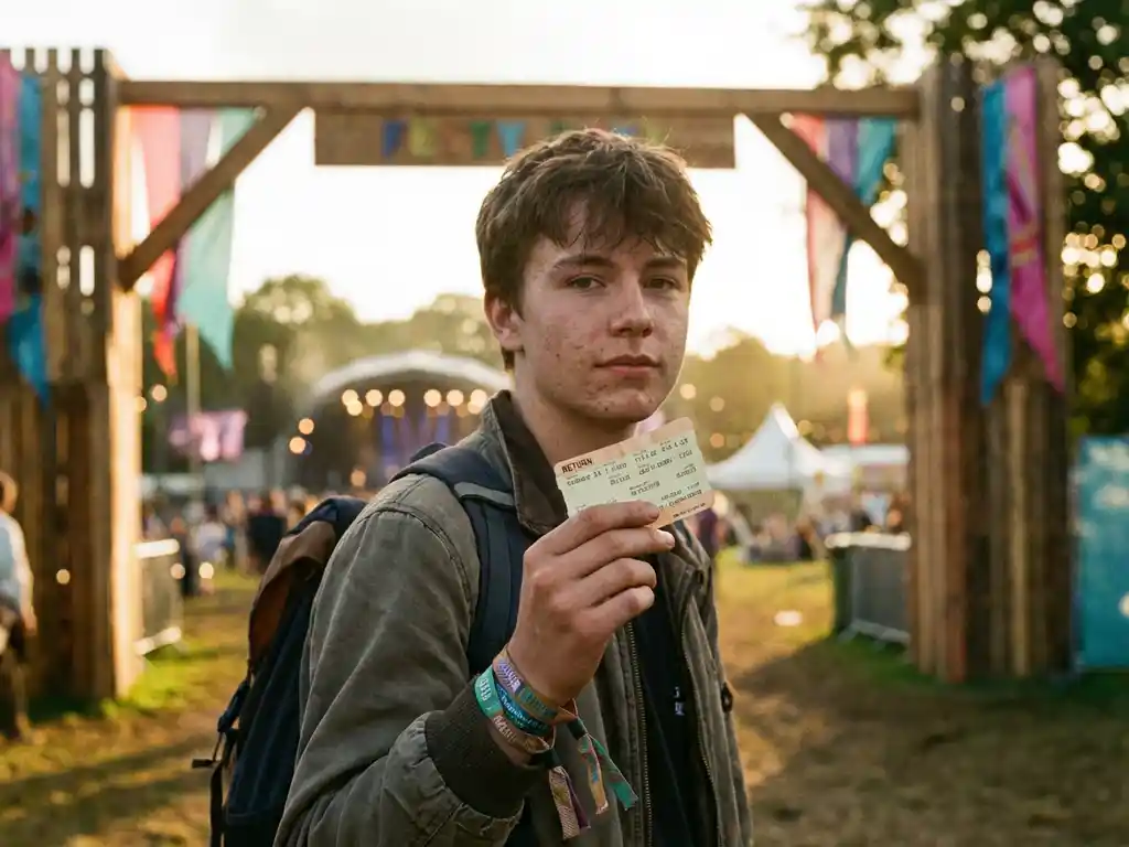 Jongere houdt treinkaartje vast bij festivalingang met kleurrijke polsbandjes en festivalterrein op achtergrond