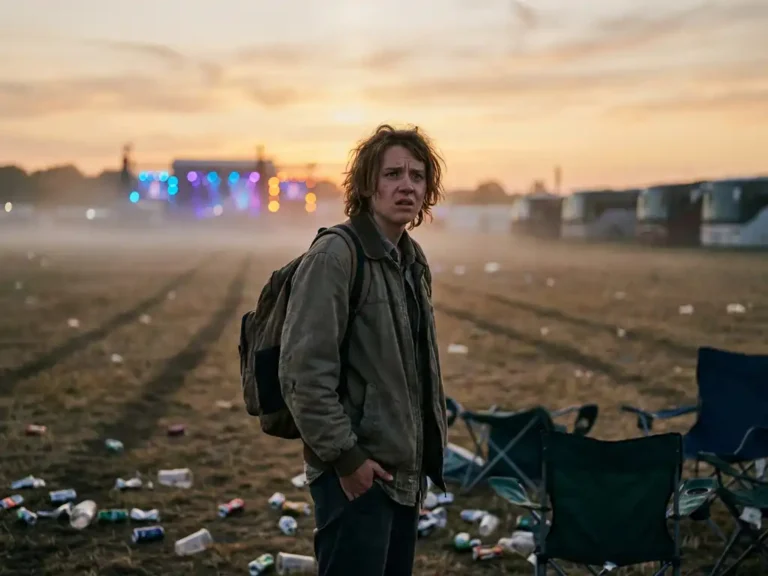 Bezorgde jongere staat alleen op leeg festivalterrein bij zonsondergang, zoekt naar telefoon in lege zak