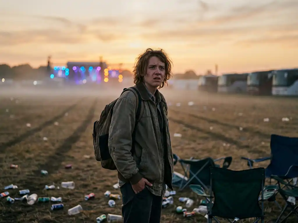 Bezorgde jongere staat alleen op leeg festivalterrein bij zonsondergang, zoekt naar telefoon in lege zak