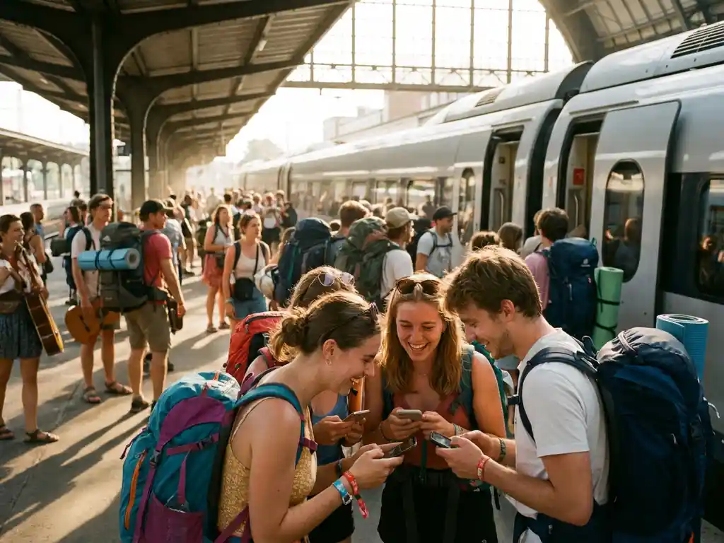 Groep vrienden lacht op druk treinperron met festivalgangers en bagage, moderne trein op achtergrond bij zonsondergang