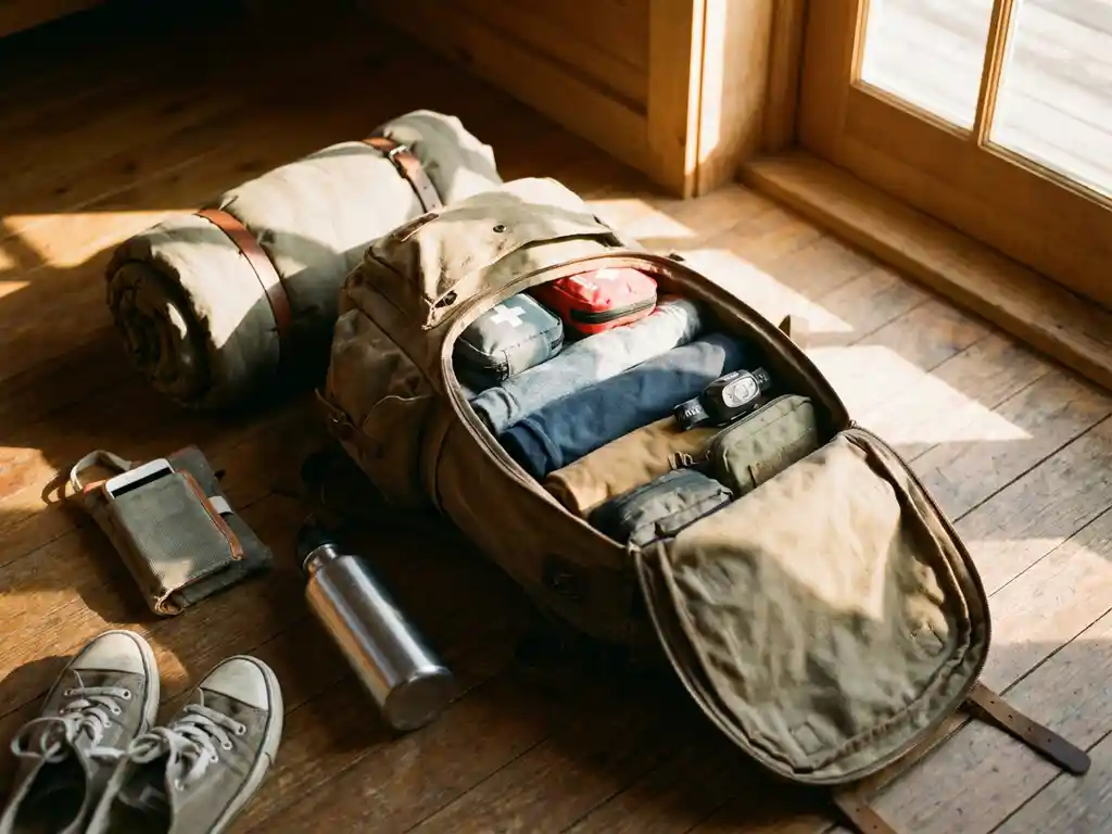 Open rugzak op houten vloer met festivalspullen: slaapzak, oplader, waterfles en sneakers in gouden zonlicht