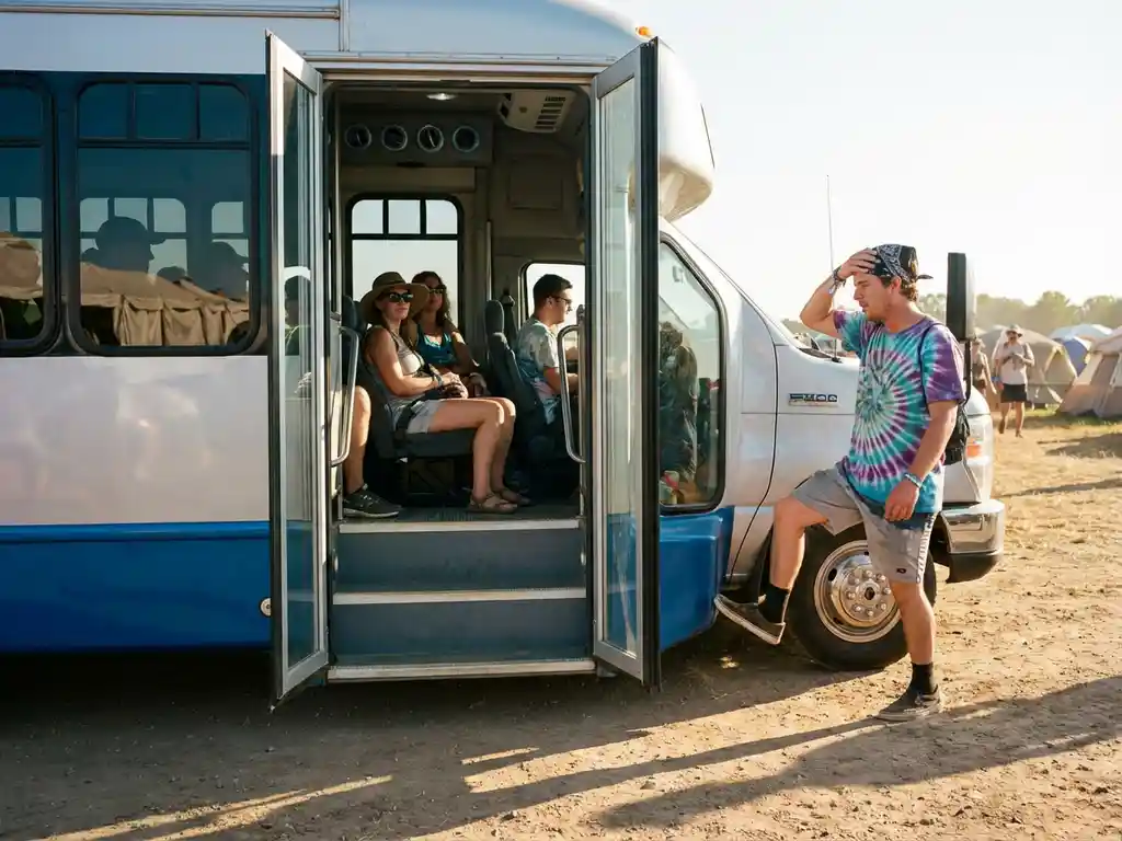 Festivalganger stapt in airconditioned shuttlebus om te ontsnappen aan hitte, met tenten op festivalterrein op achtergrond