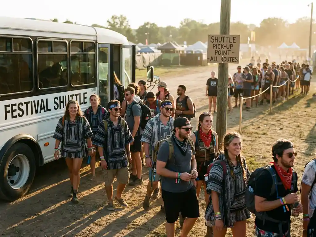 Festivalgangers verzamelen zich rond shuttlebus bij opstapplaats tijdens gouden uur, met zichtbare polsbandjes en rugzakken