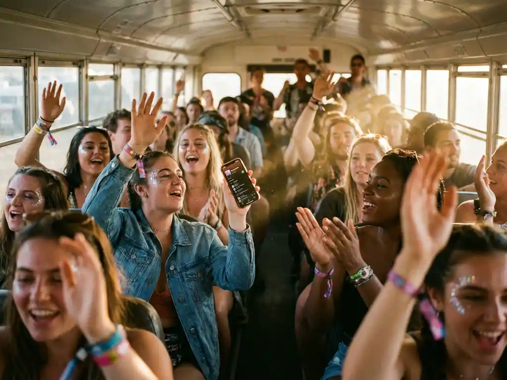 Jongeren dansen en zingen samen in drukke festivalbus tijdens gouden uurtje, met kleurrijke polsbandjes en glitter