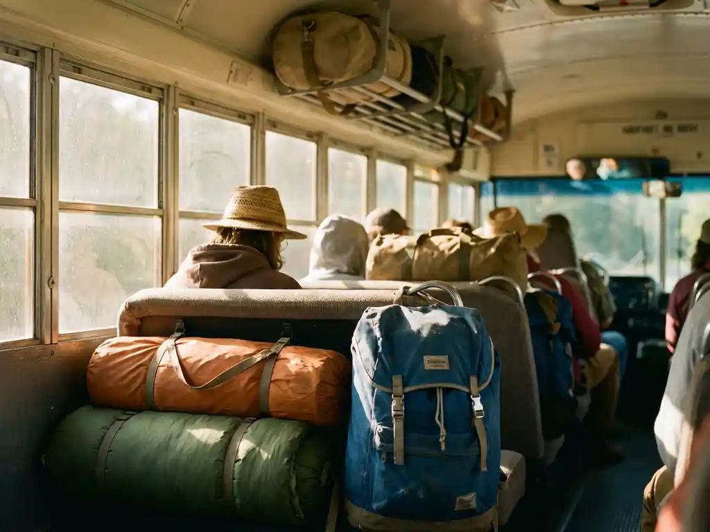 Festivalbus interieur met kampeeruitrusting in bagagevakken, passagiers met tenten en slaapzakken, natuurlijk licht