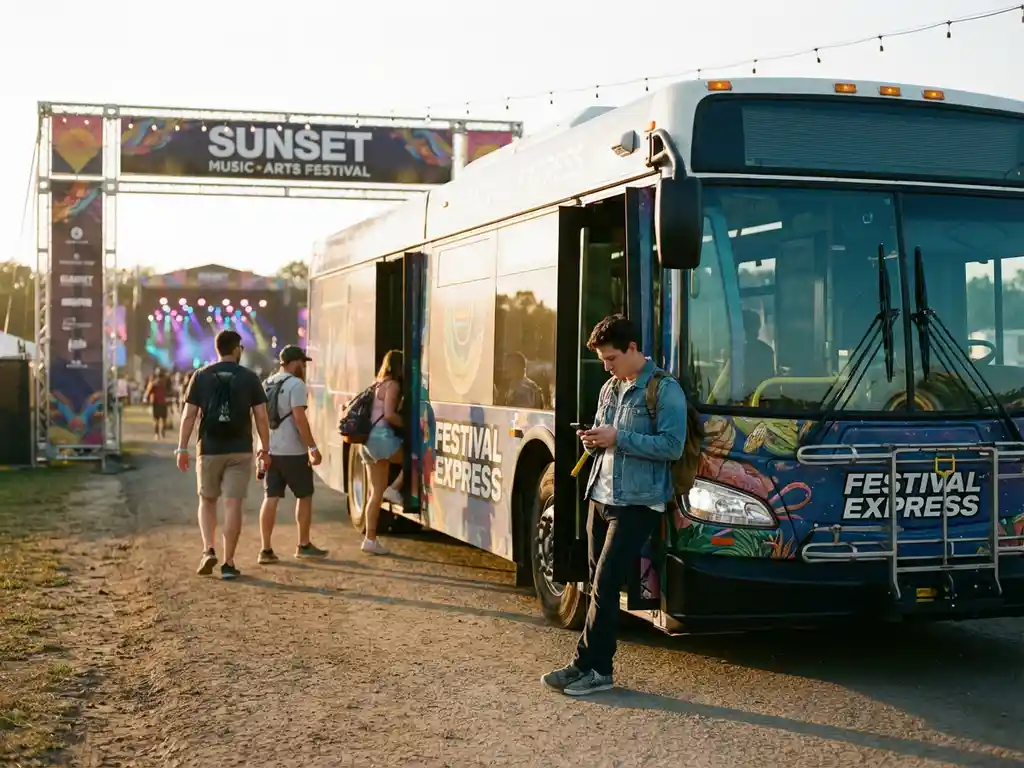 Festival shuttlebus bij muziekfestival ingang met kleurrijke podiumverlichting, festivalgangers stappen in en uit