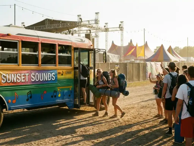 Festivalshuttle met kleurrijke banners arriveert bij muziekfestival ingang waar jongeren met rugzakken wachten