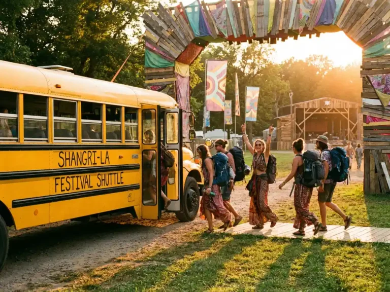 Gele festivalshuttle met uitstappende passagiers bij sierlijke festivalpoort, warme avondzon en kleurrijke banners