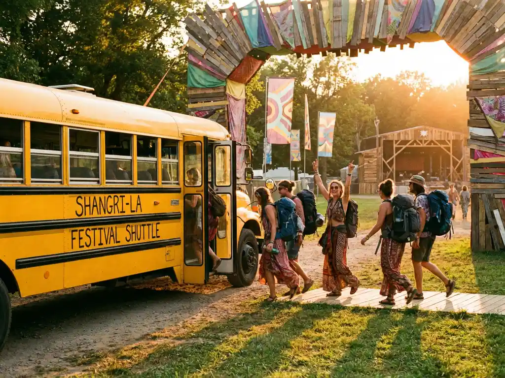 Gele festivalshuttle met uitstappende passagiers bij sierlijke festivalpoort, warme avondzon en kleurrijke banners