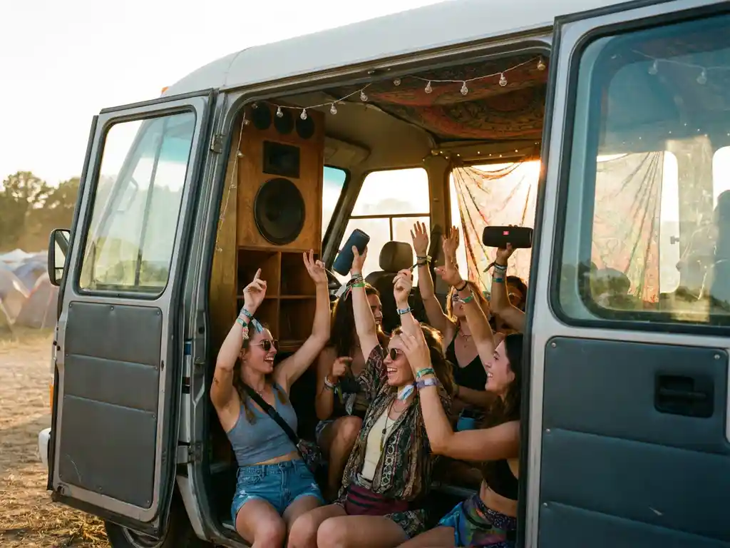 Festivalshuttle met open deuren, passagiers met polsbandjes dansen op muziek in warm gouden zonlicht