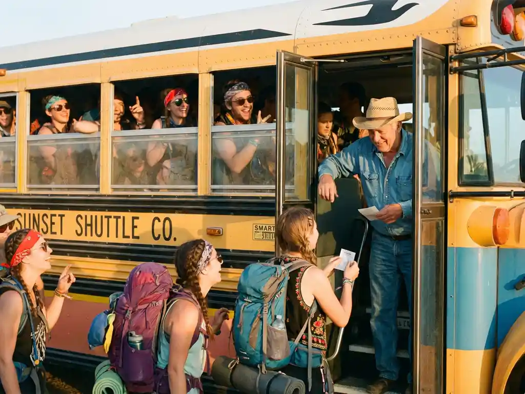 Kleurrijke festivalbus vol diverse jongeren met rugzakken, vriendelijke chauffeur controleert tickets in gouden zonlicht