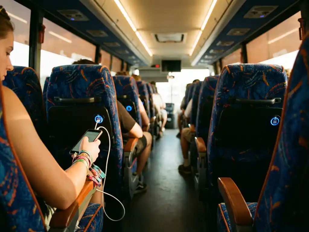 Moderne festivalbus interieur met comfortabele stoelen en USB-oplaadpoorten, smartphone van festivalbezoeker wordt opgeladen