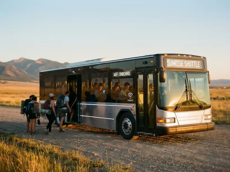 Moderne festivalsshuttlebus met passagiers die wifi gebruiken, festivalgangers stappen in met rugzakken tijdens gouden uur