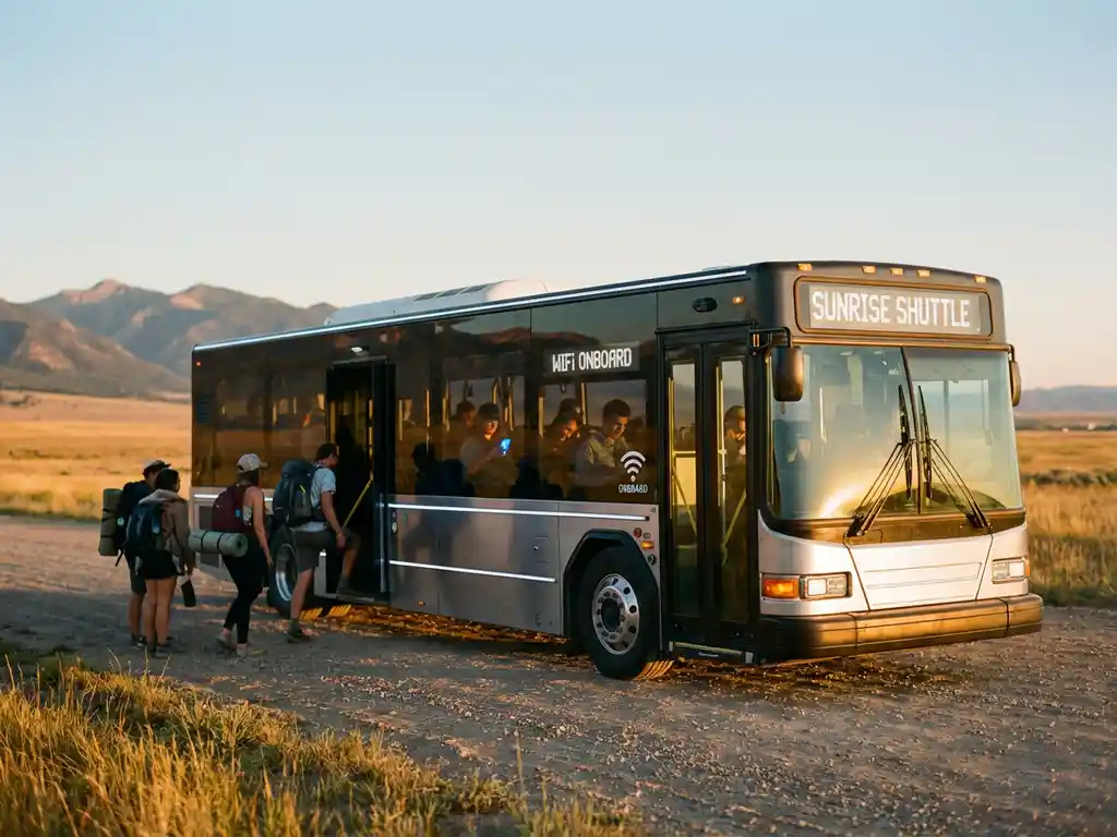 Moderne festivalsshuttlebus met passagiers die wifi gebruiken, festivalgangers stappen in met rugzakken tijdens gouden uur