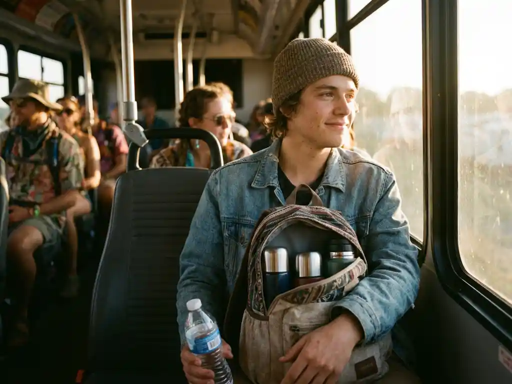 Jongere met waterfles en rugzak in festivalbus tijdens gouden uur, andere festivalgangers op achtergrond