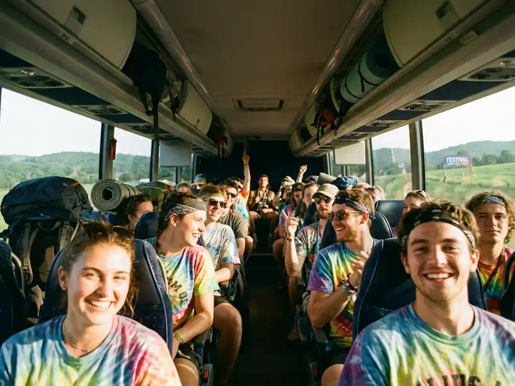 Jonge festivalgangers in kleurrijke zomerkleding lachen en socializen in moderne tourbus met kampeeruitrusting