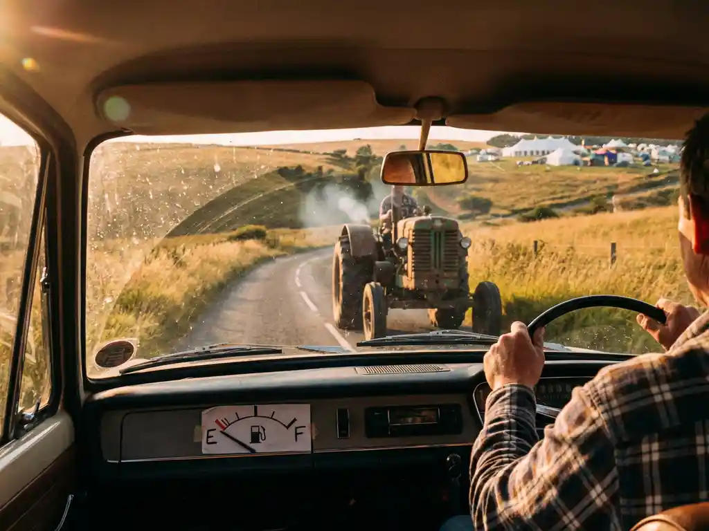 Gefrustreerde bestuurder vast achter tractor op landelijke weg naar evenementlocatie, brandstofmeter op leeg