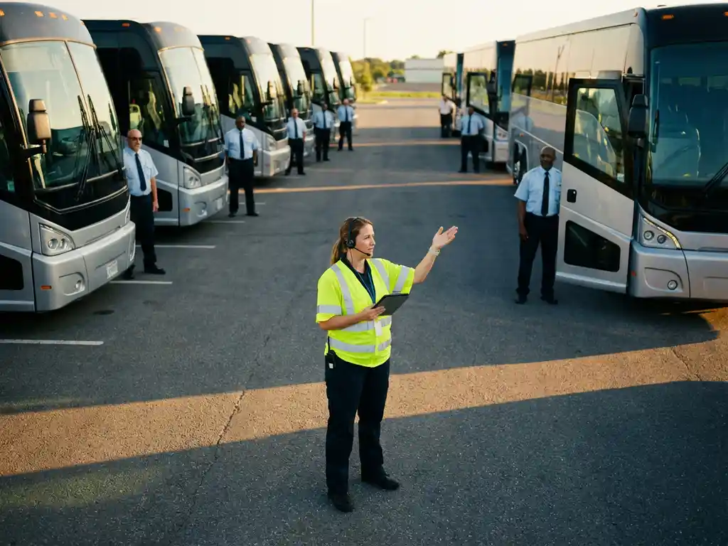 Logistiek coördinator in veiligheidsvest met tablet dirigeert buschauffeurs bij rij touringcars op parkeerplaats