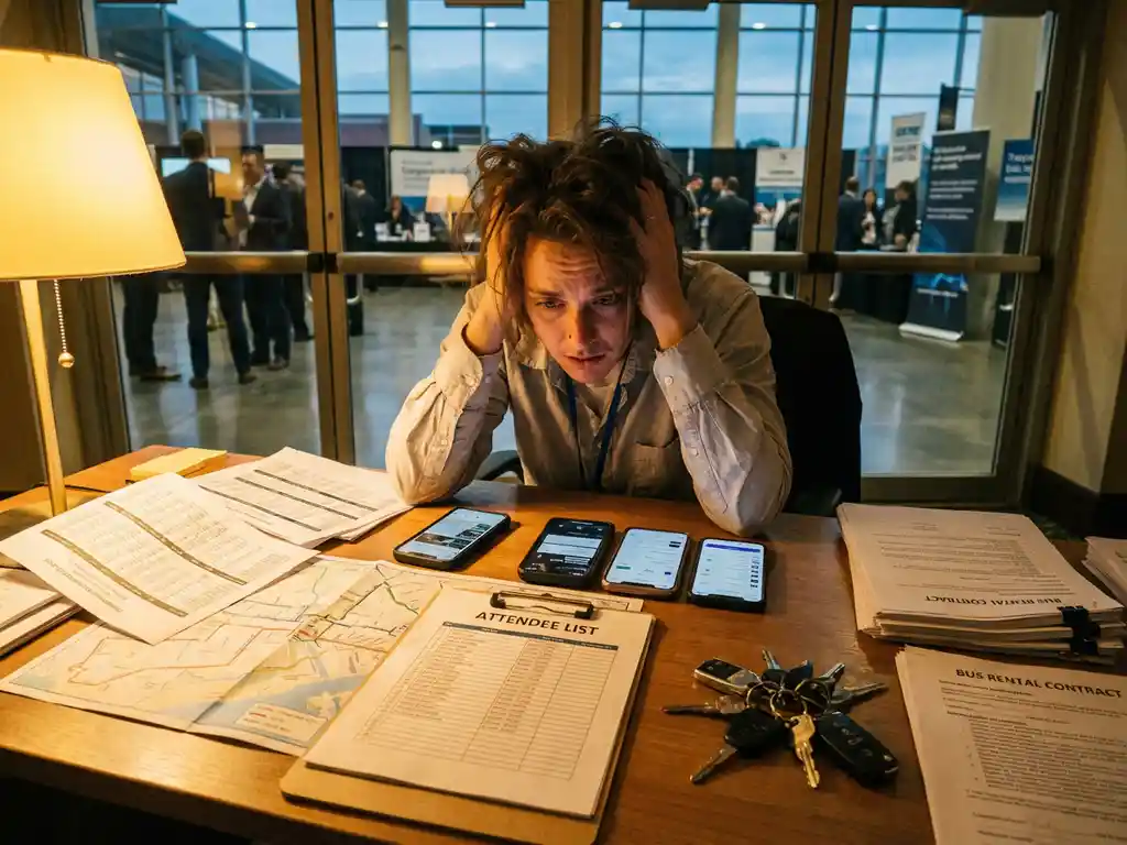 Logistiek coördinator aan bureau met vervoersschema's, smartphones met apps en contracten voor bedrijfsevenement