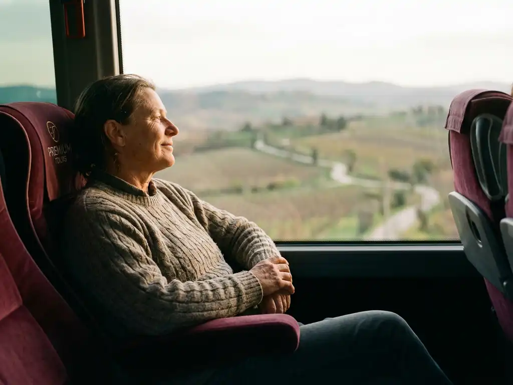 Passagier in luxe touringcar kijkt ontspannen uit raam naar voorbijglijdend landschap, warme verlichting door getint glas