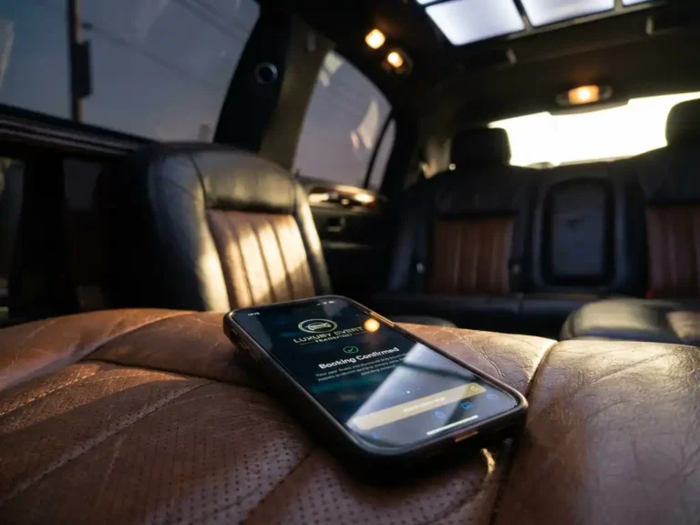 Smartphone met digitale boekings-app op luxe buszetel met leren bekleding en sfeerverlichting