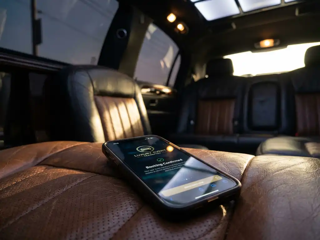 Smartphone met digitale boekings-app op luxe buszetel met leren bekleding en sfeerverlichting