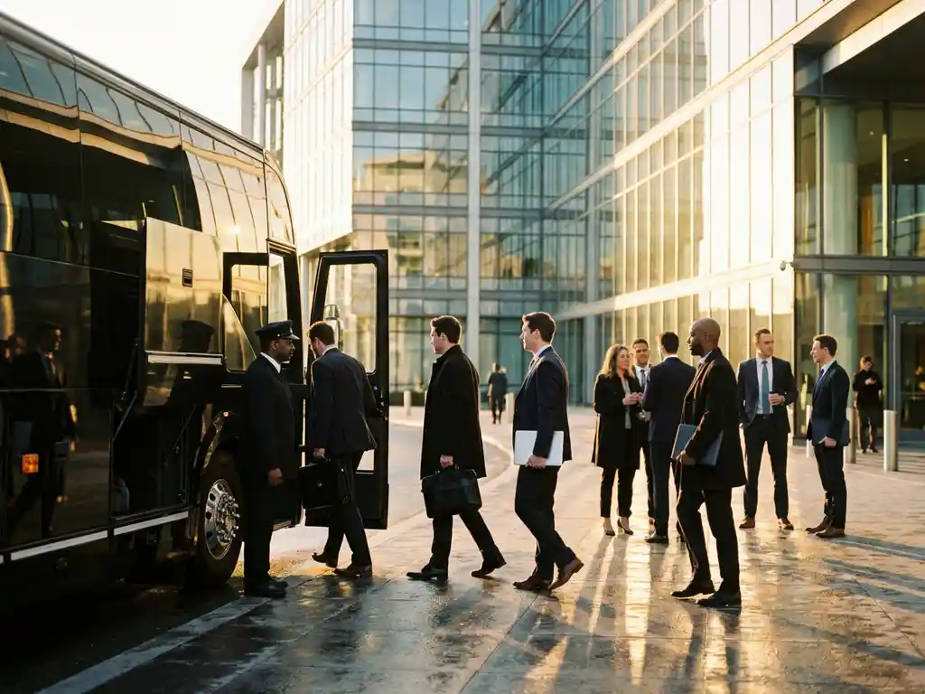 Zwarte luxe touringcar voor modern kantoorgebouw met zakenmensen in pakken die instappen tijdens gouden uur