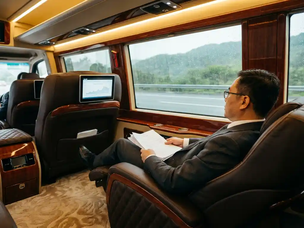 Luxe zakenbus interieur met lederen stoelen, LED verlichting en zakenman in pak die documenten leest bij raam