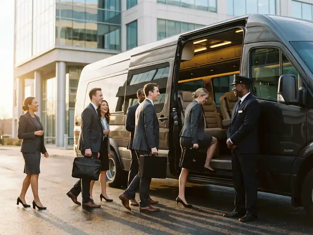 Luxe touringcar met instappende zakenmensen voor modern kantoorgebouw, chauffeur in uniform bij open deur