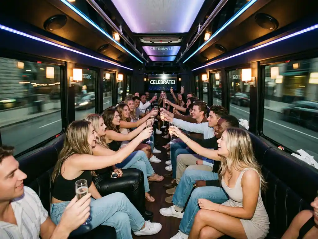 Diverse groep jongeren toost in luxe partybus met LED-verlichting en leren stoelen, feestelijke sfeer