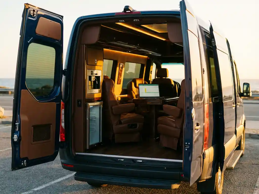 Luxe mobiele kantoor in bedrijfswagen met leren stoelen, houten tafel, laptop en koffieapparaat bij gouden uurtje